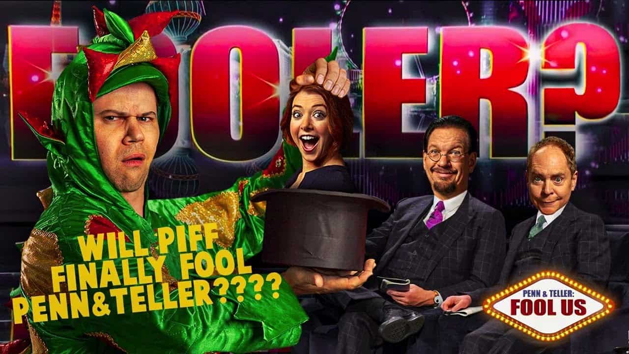Piff the Magic Dragon on Penn & Teller: Fool Us Piff the Magic Dragon with Penn & Teller on Penn & Teller: Fool Us stage, wearing a dragon costume and holding a top hat, with Penn & Teller sitting in the background.